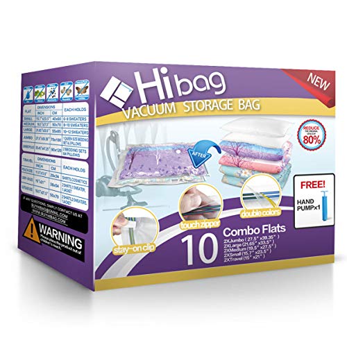 Product Cover Hibag Space Saver Bags, Vacuum Storage Bags, 10-Pack Vacuum Seal Bags (2 Jumbo, 2 Large, 2 Medium, 2 Small, 2 Roll-up) with Pump (10-Combo)