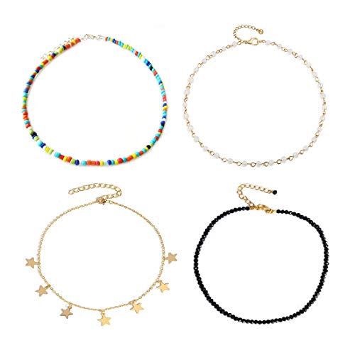 Product Cover 7th Moon Bead Star Choker Necklace Bohemian Colorful Black Seed Bead Opal Necklace for Girls 4Pcs