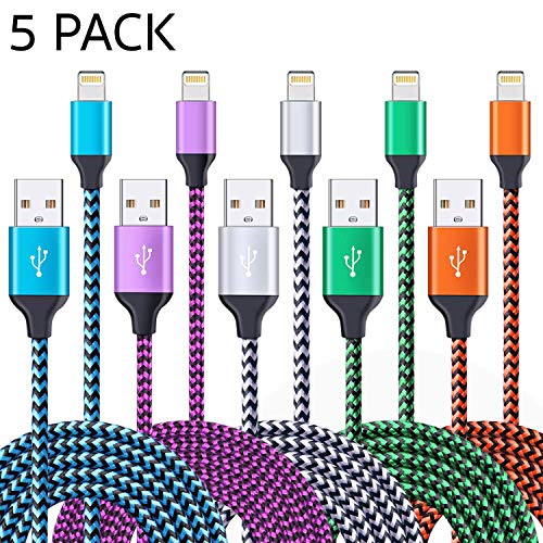Product Cover SyncTech Phone Cable Charger 3FT 5 Pack Cord Nylon Braided USB Syncing Fast Charging Compatible with Phone XS MAX XR X 8 8 Plus 7 7 Plus 6s 6s Plus 6 6 Plus (A.) 5 Pack - 3 Feet