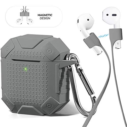 Product Cover GMYLE AirPod Case Accessories Set, [Front LED Visible] Protective Silicone Rugged Armor Cover Skin with Keychain, Ear Hook, Magnetic Strap for Apple AirPods 1 & 2 Earbuds Wireless Charging Case, Grey