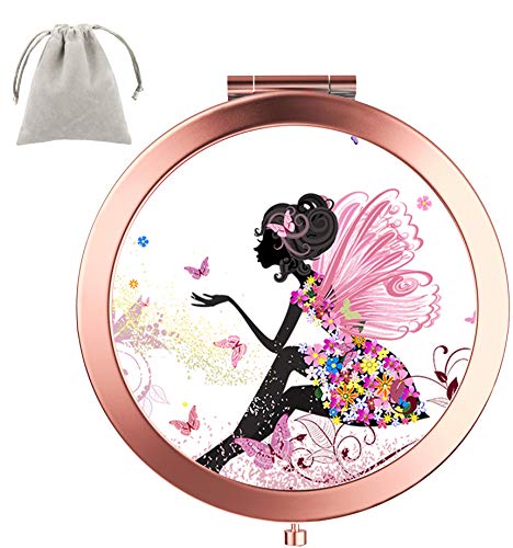 Product Cover Dynippy Compact Mirror Round Rose Gold MakeUp Mirror Folding Mini Pocket Mirror Portable Hand Mirror Double-sided With 2 x 1x Magnification for Woman Mother kids Great Gift (Butterfly Girl)
