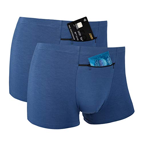Product Cover Pocket Underwear for Men with Secret Hidden Front Stash Pocket, Travel Boxer Brief, Large Size 2 Packs (Blue)