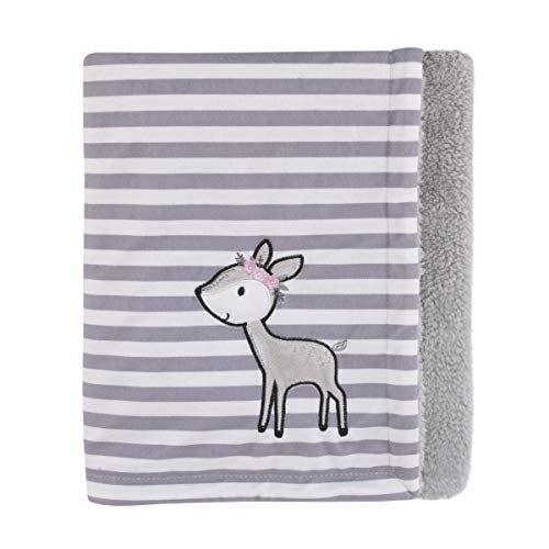 Product Cover Little Love By Nojo Sweet Deer, Grey, White Stripe Plush Baby Blanket With Pink Deer Applique, Grey, White, Pink