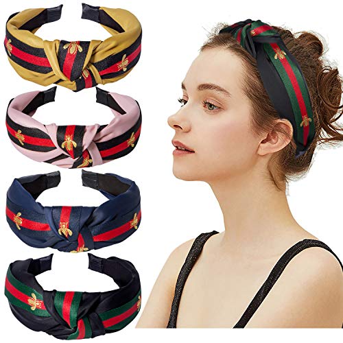 Product Cover Cute Knot Headbands for Women - 4 Pack Hair Hoops Wide Stripe Headband with Bee Animal, Cross Knot Hair Band with Cloth Wrapped