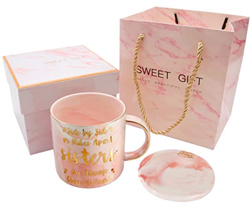Product Cover Sister Gifts from Sister - Sister Pink Marble Ceramic Coffee Mug (11.5oz) and Coasters Set - Side by Side or Miles Apart, Sisters Are Always Close at Heart