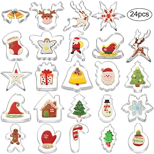 Product Cover BAKHUK 24pcs Christmas Cookie Cutters Set Holidays Cookies Molds Christmas Tree, Santa Claus, Reindeer, Christmas Stockings, Bells, etc, Exquisite Gift Box Packaging for Gifts Party Supplies