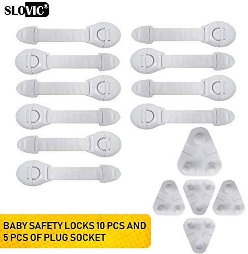 Product Cover SLOVIC Child Safety Locks|Baby Safety Locks for Cupboard|Child Proofing Combo, 10 Child Safety Cabinet Locks with 5 Socket Guards.(White)