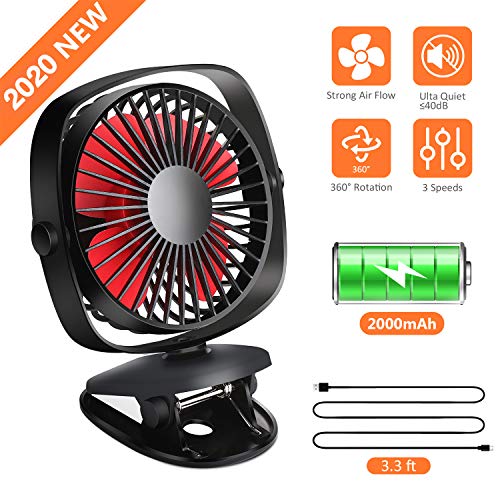 Product Cover Clip On Stroller Fan, Mini Portable Desk Fan with Rechargeable 2000mAh Battery, 3 Speed Levels, 360°Adjustable Rotation, Quiet Personal Fan for Baby Stroller/Home/Camping/Travel/Office/Car/Gym
