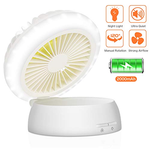 Product Cover Portable Desk Fan with Night Light, Powerful Table Fan with 2000mAh Rechargeable Battery, 3 Speeds Wind, 3 levels Led Light, 120° Adjustable, Quiet Personal Fan for Home/Travel/Office/Camping/Outdoor