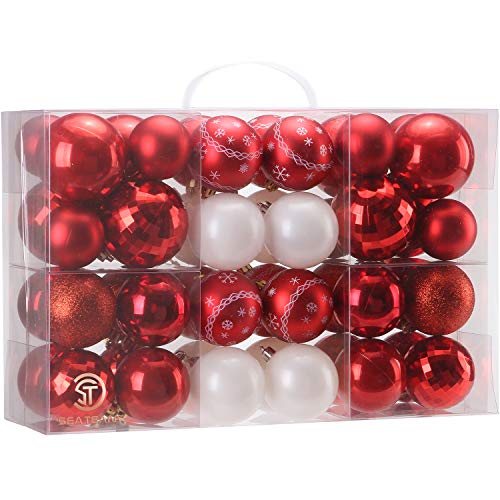 Product Cover Sea Team 48 Pieces of Assorted Christmas Ball Ornaments Shatterproof Seasonal Decorative Hanging Baubles Set with Reusable Hand-held Gift Package for Holiday Xmas Tree Decorations, Red