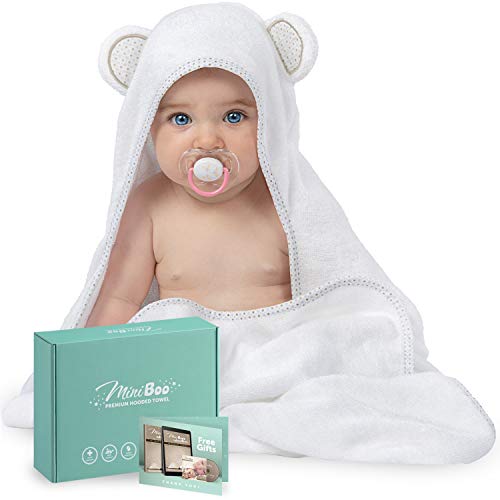 Product Cover Miniboo Organic Bamboo Hooded Baby Towel - Ultra Soft and Super Absorbent Baby Bath Towels for Newborns, Infants and Toddlers - Suitable as Baby Gifts