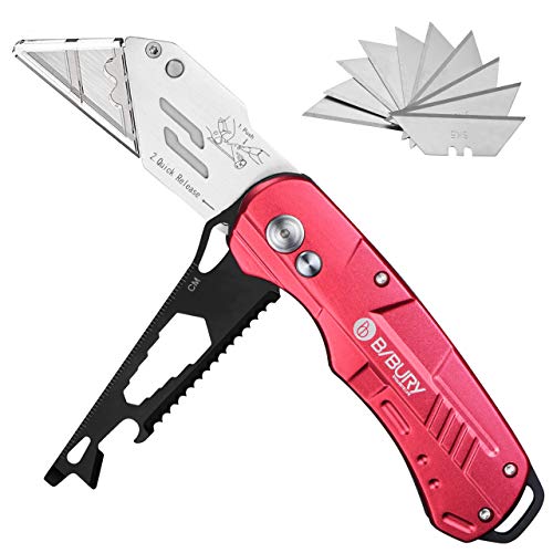Product Cover Utility Knife, BIBURY Multipurpose Carpet Knife, Double Cutter Head,Box Cutter with 10 Replaceable SK5 Stainless Steel Blades, Belt Clip,Quick Change and Safely Lock-Back Design (red)