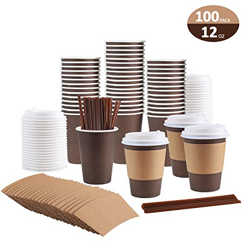 Product Cover 100 Pack 12 Oz Coffee Cups, Paper Coffee Cups With Lids Straws and Sleeves, Disposable Coffee Cups 12 Oz Coffee Cups Disposable Coffee Cups With Lids Paper Coffee Cups With Lids 12 Oz Paper Coffee Cup