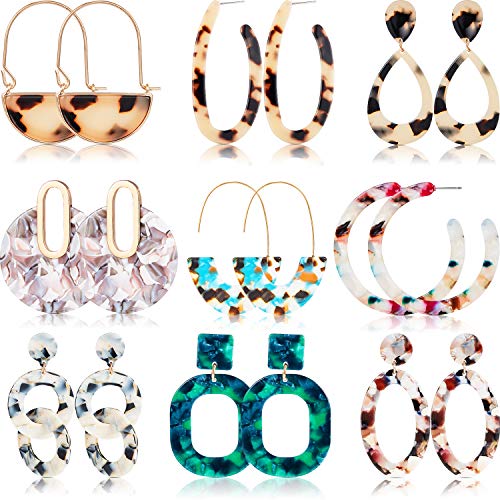 Product Cover 9 Pairs Mottled Acrylic Hoop Earrings Resin Stud Earrings Bohemian Statement Stud Drop Dangle Earrings Jewelry for Women Girl (Style Set 3)