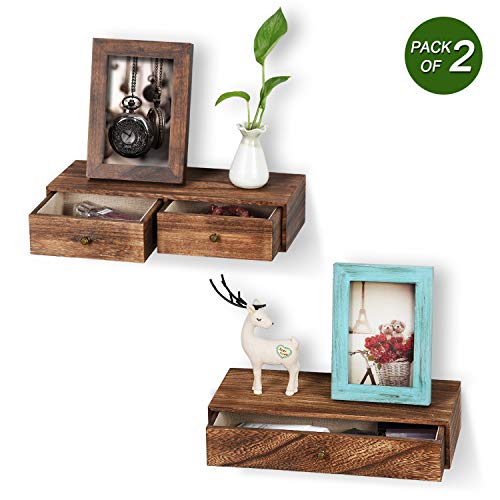 Product Cover Emfogo Floating Shelf with Drawer Rustic Wood Wall Shelves for Storage and Display Multiuse as A Nightstand or Bedside Shelf Set of 2 Carbonized Black