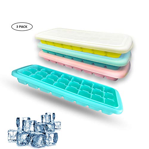 Product Cover Ice Cube Trays with Lid，Silicone Ice Cube Tray Spill-Resistant Removable 24 Ice Tray Easy Release Cubes Stackable Ice Trays and Dishwasher Safe，LFGB Certified and BPA Free (3 Packs-Pink+Yellow+Green)