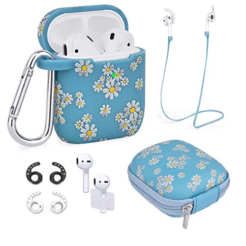 Product Cover Airpods Case - Airspo 7 in 1 Airpods Accessories Set Compatible with Airpods 1 & 2 Protective Silicone Cover Floral Print Cute Case (Teal+Daisy 7 in 1)
