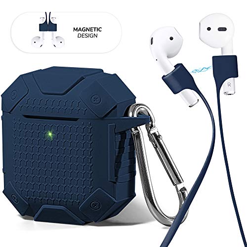 Product Cover AirPods Case Accessories Kit [Front LED Visible], GMYLE Silicone Heavy Duty Armor Protective Shockproof Airpod Cover Skin with Keychain, Ear Hook, Magnetic Strap for Apple AirPod 1 & 2 - Navy Blue