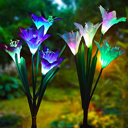 Product Cover HASTHIP® Outdoor Solar Garden Flower Lights, 2 Pack Solar Powered Lights with 8 Lily Flowers, Multi-Color Changing Decorative Underground Lights for Garden, Patio, Backyard (Purple and White)