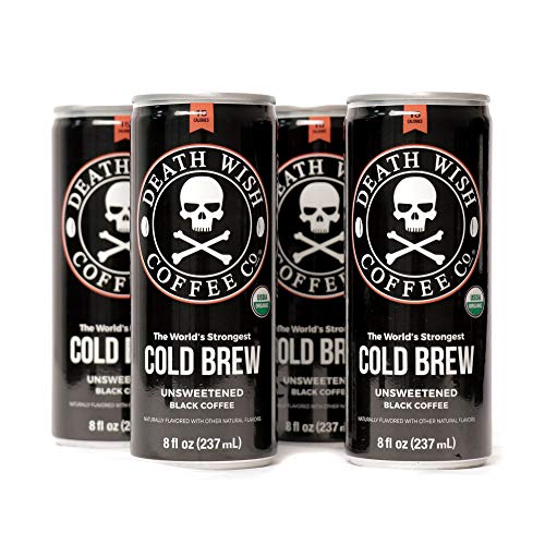 Product Cover Death Wish Coffee, Cold Brew Cans, The World's Strongest Coffee, Organic Iced Coffee Drink - 8 Ounces - 300 mg of caffeine - 4 Pack (Unsweetened Black)