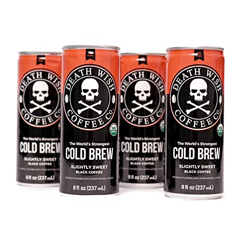Product Cover Death Wish Coffee, Cold Brew Cans, The World's Strongest Coffee, Organic Iced Coffee Drink - 8 Ounces - 300 mg of caffeine - 4 Pack (Slightly Sweetened Black)