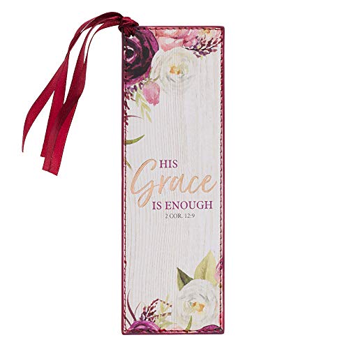 Product Cover Christian Art Gifts  Burgundy Faux Leather Bookmark | His Grace Is Enough - 2 Corinthians 12:9  Bible Verse Inspirational Bookmark for Women w/Satin Ribbon Tassel