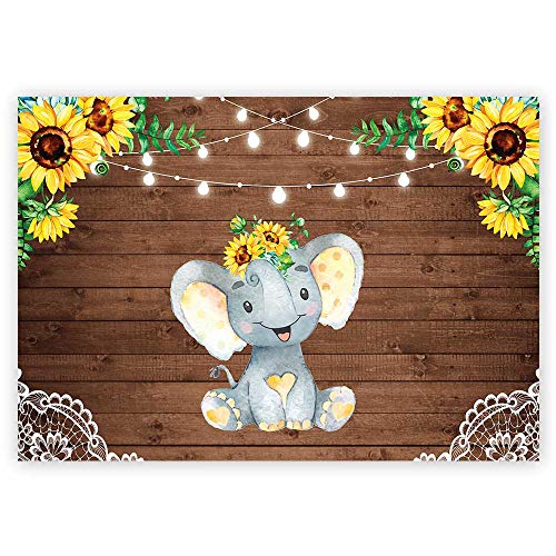 Product Cover Funnytree 7x5ft Sunflower Elephant Party Backdrop Retro Rustic Wooden Floor Baby Shower Birthday Photography Background Yellow Flower Lace Vintage Board Banner Cake Table Decoration Photo Booth Props