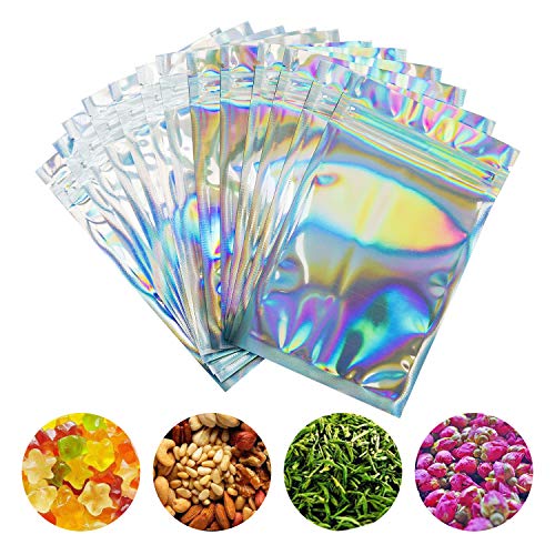 Product Cover PackItBest 100 Pieces Smell Proof Bags - 3x5 Inches Resealable Mylar Bags Clear Zip Lock Food Candy Storage Bags Holographic Rainbow Color