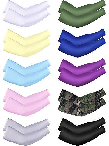 Product Cover 10 Pairs Cooling Sun Sleeves UV Protection Arm Sleeves Arm Cover Sleeve for Men Women (Black, White, Grey, Royal Blue, Sky Blue, Pink, Purple, Camouflage, Yellow, Dark Green, Ice Silk)