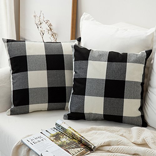 Product Cover MIULEE Pack of 2 Classic Retro Checkers Plaids Cotton Linen Soft Solid Black and White Decorative Throw Pillow Covers Home Decor Design Cushion Case for Sofa Bedroom Car 22 x 22 Inch 55 x 55 cm