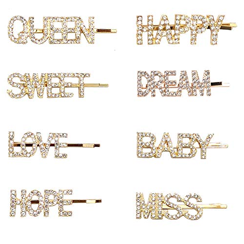 Product Cover 8 pieces Rhinestone Letter Bobby Pin, Word Crystal Hair pin, Metal Hair Clips, Sparkly Hair Accessories for Women Ladies