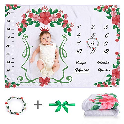 Product Cover Deralaon Baby Monthly Milestone Blanket, Double Warm Flannel Super Soft Growth Number Photo Photography Props 52x40in Background with Vibrant Flower for Unisex Newborn Boy and Girl (Flower)