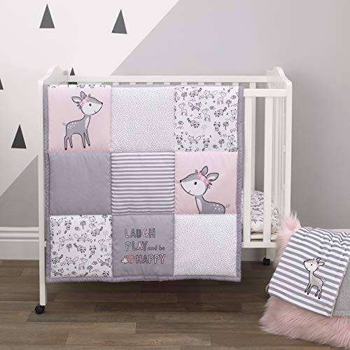 Product Cover Little Love By Nojo Sweet Deer, Grey, Pink, White 3Piece Nursery Mini Crib Bedding Set With Comforter, 2 Fitted Mini Crib Sheets, Pink, Grey, White, Charcoal