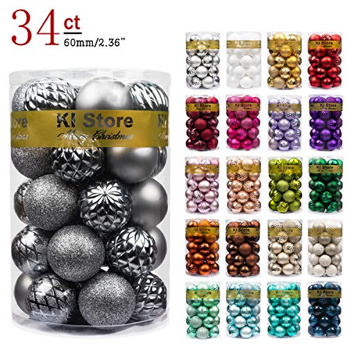 Product Cover KI Store Christmas Balls Gray Shatterproof Christmas Tree Ball Ornaments Decorations for Xmas Trees Wedding Party Home Decor 2.36-Inch Hooks Included