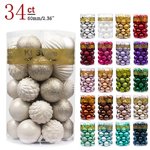 Product Cover KI Store Christmas Ball Cream White Champagne 34ct Shatterproof Christmas Tree Ball Ornaments Decorations for Xmas Wedding Party Tree Ornaments Hooks Included 2.36