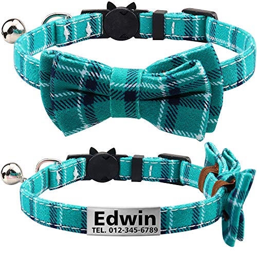 Product Cover TagME Personalized Breakaway Cat Collar with Cute Bow Tie & Bell, Stainless Steel Slide-on Pet ID Tag Engraved with Name & Phone Numbers,Turquoise