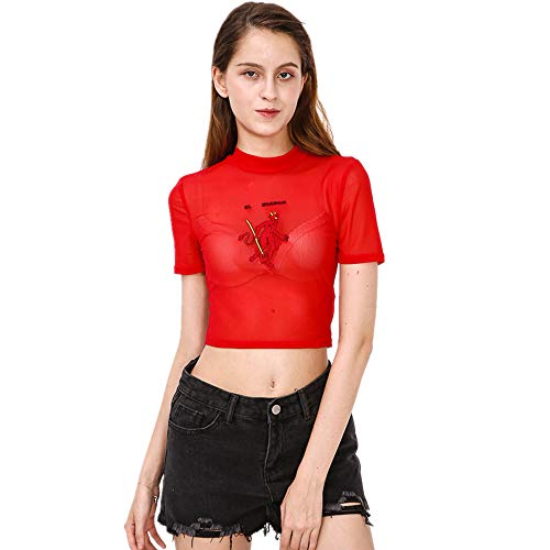 Product Cover ArtCasual Women's Crop Top Tee Round Neck Short Sleeve Basic Blouses Red