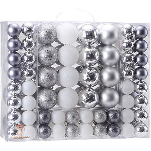 Product Cover Sea Team 87 Pieces of Assorted Christmas Ball Ornaments Shatterproof Seasonal Decorative Hanging Baubles Set with Reusable Hand-held Gift Package for Holiday Xmas Tree Decorations, Silver