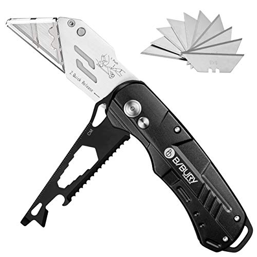 Product Cover Utility Knife, BIBURY Multipurpose Carpet Knife, Double Cutter Head,Box Cutter with 10 Replaceable SK5 Stainless Steel Blades, Belt Clip,Quick Change and Safely Lock-Back Design (Black)