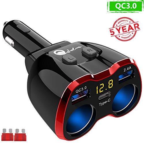 Product Cover Cigarette Lighter Splitter QC 3.0, 2-Socket USB C Car Charger Adapter Type C Multi Power Outlet 12V/24V 80W DC with LED Voltmeter Switch Dual USB Port for iPhone GPS Dashcam iPad Android Samsung