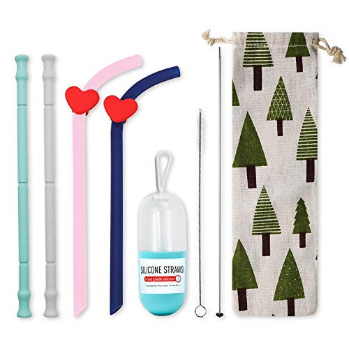 Product Cover SYOSIN Reusable Drinking Straws 4 Pieces Eco Friendly Collapsible Straws Foldable Silicone Straws BPA Free with 1 Reusable Capsule Case, 1 Straw Bag, 2 Cleaning Brush for Kids & Adults