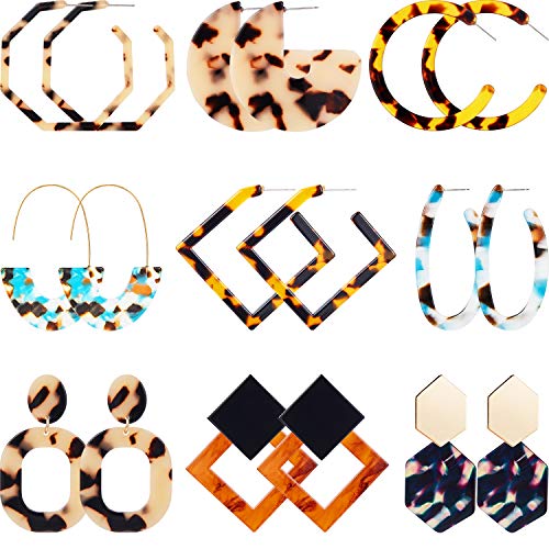 Product Cover 9 Pairs Mottled Acrylic Hoop Earrings Resin Stud Earrings Bohemian Statement Stud Drop Dangle Earrings Jewelry for Women Girl (Style Set 4)