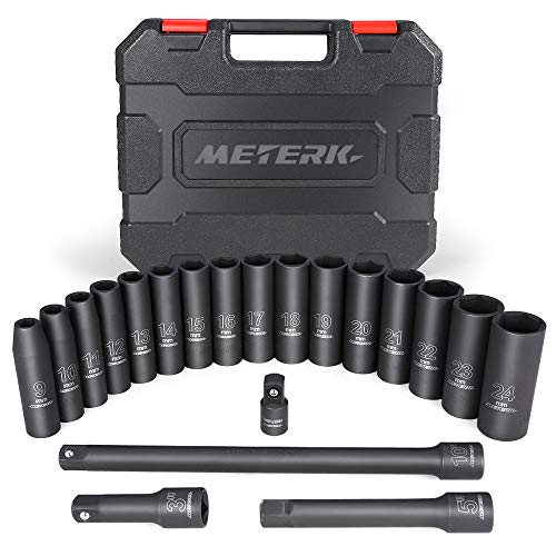 Product Cover Meterk 1/2-Inch Drive Metric Deep Impact Socket Set, 20PCS Set, CR-V, 6 Point Metric Sizes with 3 Extension Bar and 1 Socket Wrench Adapter (9-24mm)