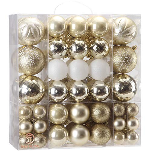 Product Cover Sea Team 125 Pieces of Assorted Christmas Ball Ornaments Shatterproof Seasonal Decorative Hanging Baubles Set with Reusable Hand-held Gift Package for Holiday Xmas Tree Decorations, Gold