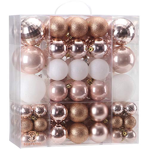 Product Cover Sea Team 125 Pieces of Assorted Christmas Ball Ornaments Shatterproof Seasonal Decorative Hanging Baubles Set with Reusable Hand-held Gift Package for Holiday Xmas Tree Decorations, Rose Gold