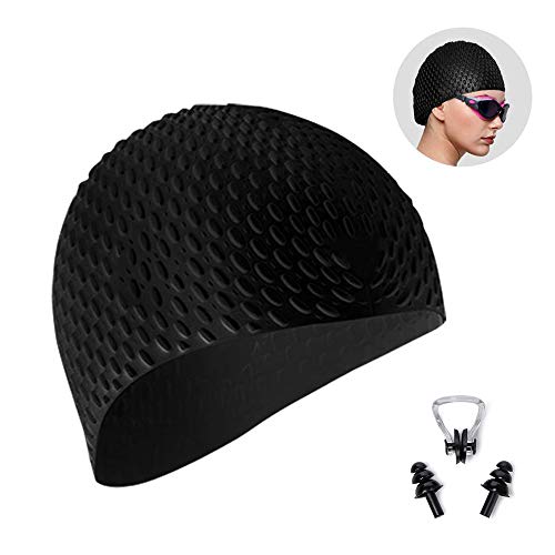 Product Cover QXQY Swim Cap for Long Hair，Silicone Swimming Cap for Women Men 3D Ergonomic Design with Nose Clip and Ear Plugs