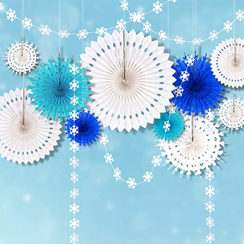 Product Cover Ice Blue Frozen Snowflake Party Decorations White Hanging Paper Fans Decor & Snowflakes Garlands Bunting Banner Streamers for Elsa Birthday/Christmas Tree/Baby Shower/Wedding/ Kids Room/Home