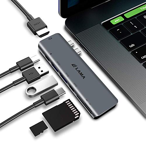 Product Cover Dual USB C Hub Adapter for MacBook Air 2019/2018,7-in-1 Type C Hub with 4K HDMI, Thunderbolt 3 Port, 100W PD Charging, 2 USB 3.0 and SD/Micro Card Readers