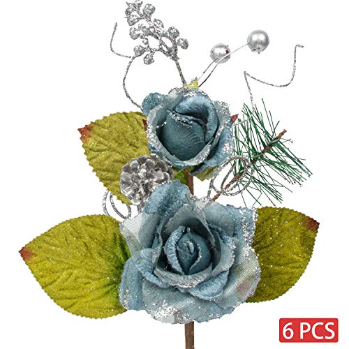 Product Cover KI Store Christmas Poinsettia Flower Ornaments Blue Rose Pack of 6 for Christmas Tree Decorations Artificial Flower Picks Spray for Xmas Tree Wedding Centerpiece
