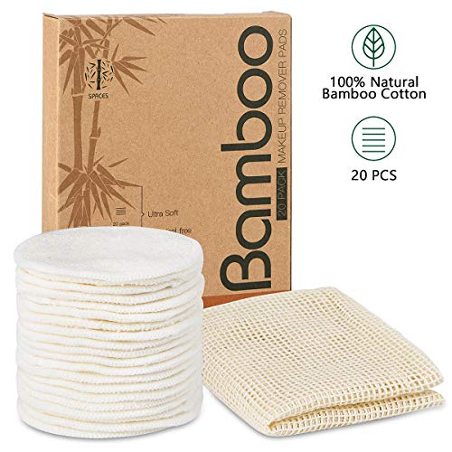 Product Cover 20 Packs Organic Reusable Makeup Remover Pads, Washable Eco-friendly Natural Bamboo Cotton Rounds for all skin types with Cotton Laundry Bag